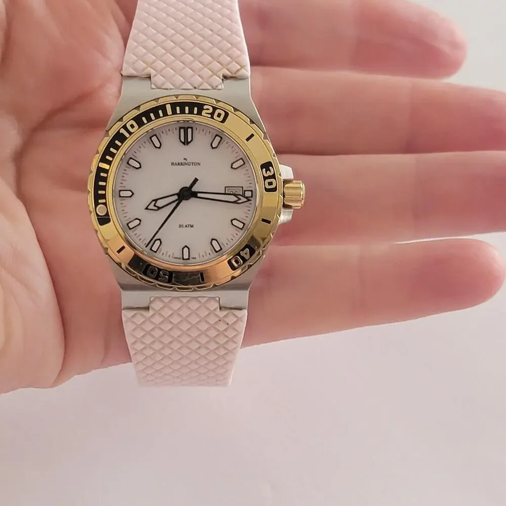 Harrington Womens Watch 36mm White Dial Silver Case Gold Bezel Pink Silicone